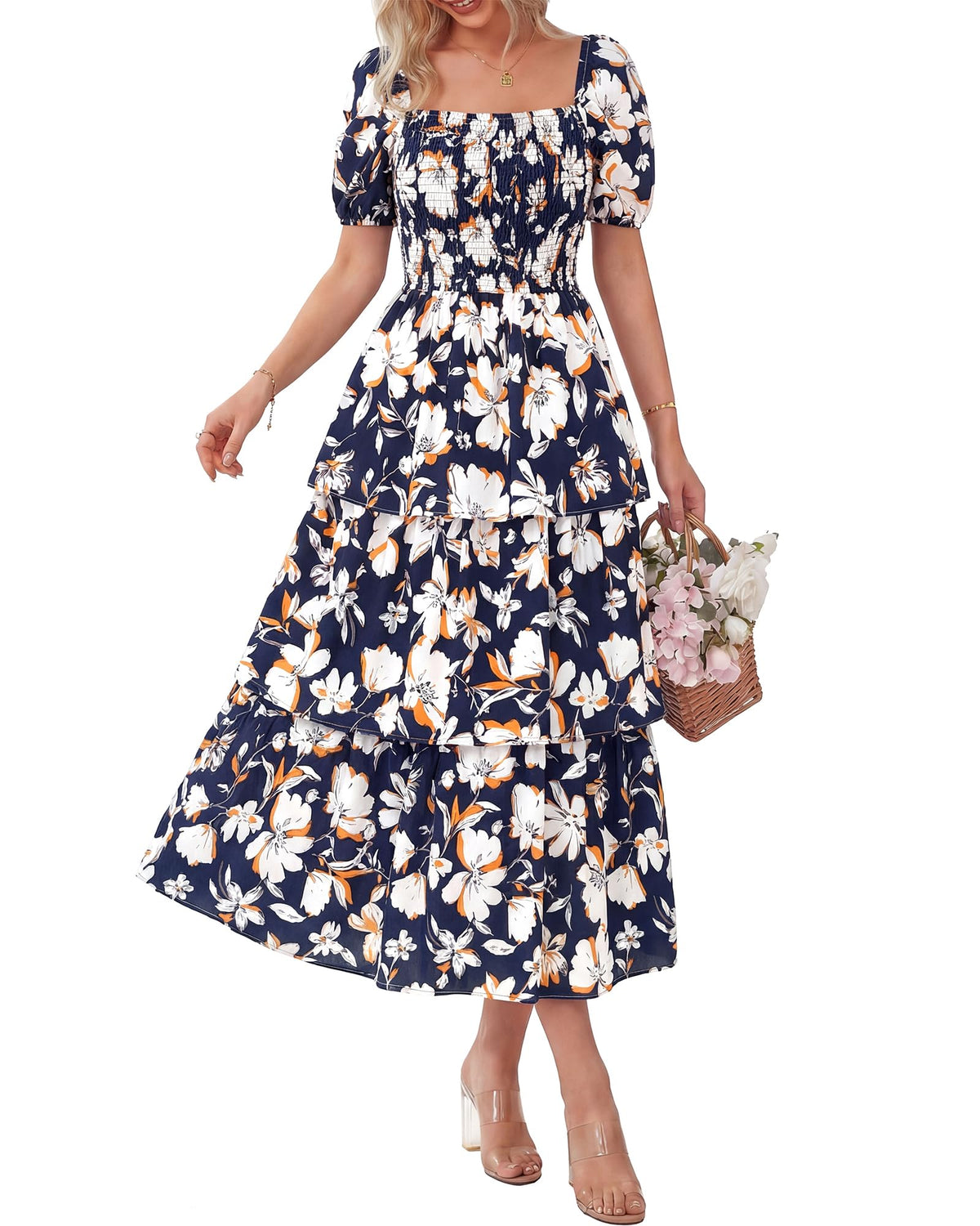 ⏰Summer Hot Sale 50% OFF💃Women's Floral Square Neck Puff Short Sleeve Smocked Tiered Dress