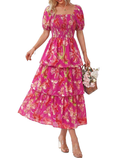⏰Summer Hot Sale 50% OFF💃Women's Floral Square Neck Puff Short Sleeve Smocked Tiered Dress