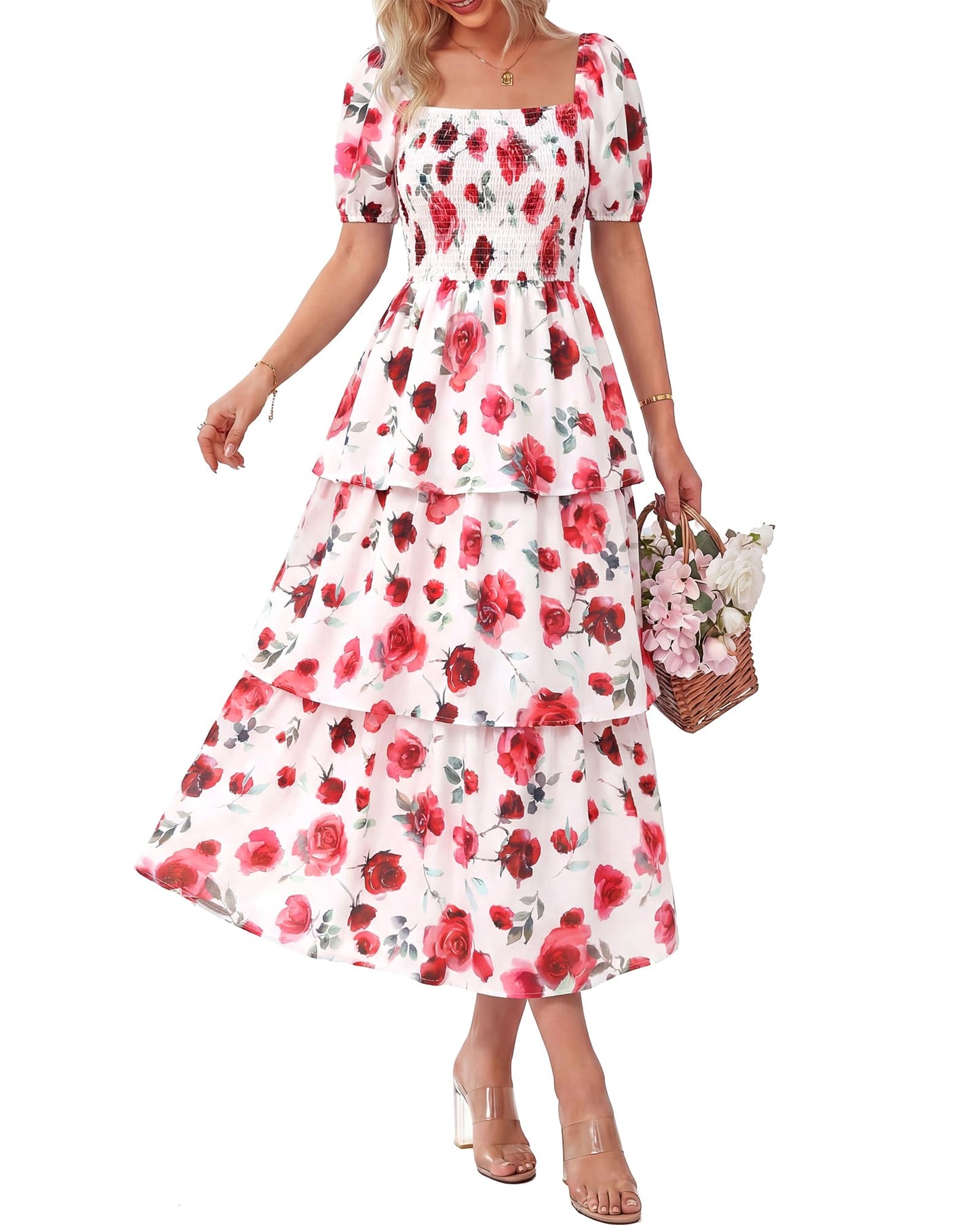 ⏰Summer Hot Sale 50% OFF💃Women's Floral Square Neck Puff Short Sleeve Smocked Tiered Dress