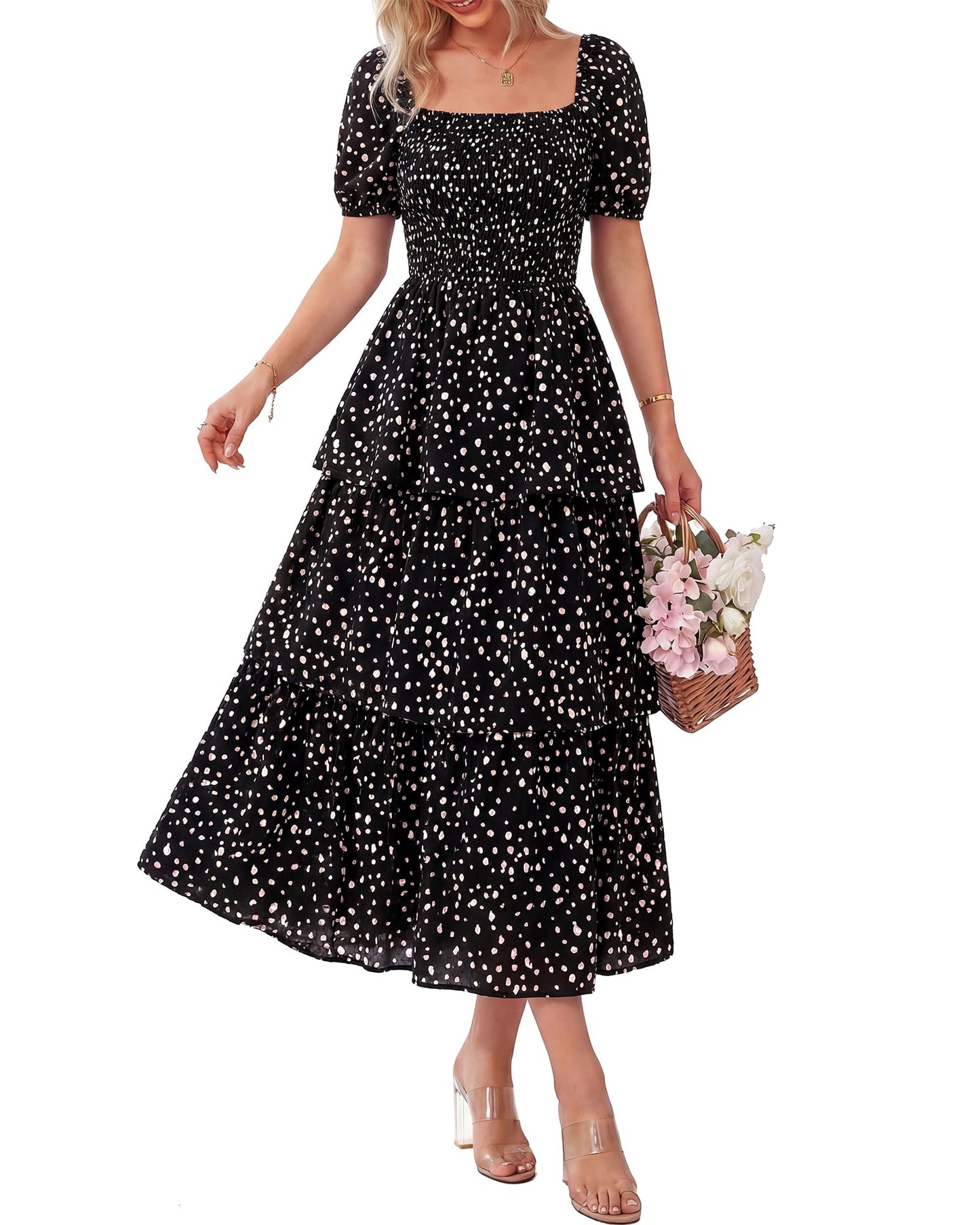 ⏰Summer Hot Sale 50% OFF💃Women's Floral Square Neck Puff Short Sleeve Smocked Tiered Dress