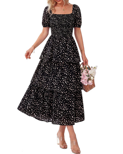 ⏰Summer Hot Sale 50% OFF💃Women's Floral Square Neck Puff Short Sleeve Smocked Tiered Dress