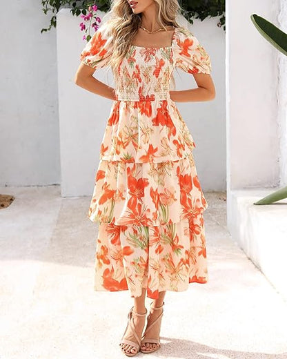 ⏰Summer Hot Sale 50% OFF💃Women's Floral Square Neck Puff Short Sleeve Smocked Tiered Dress