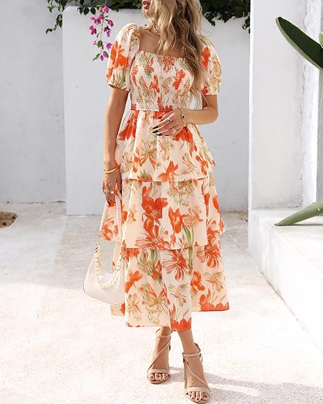 ⏰Summer Hot Sale 50% OFF💃Women's Floral Square Neck Puff Short Sleeve Smocked Tiered Dress