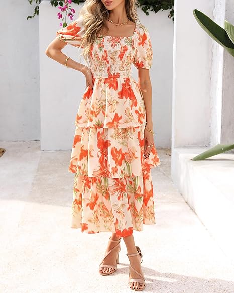 ⏰Summer Hot Sale 50% OFF💃Women's Floral Square Neck Puff Short Sleeve Smocked Tiered Dress