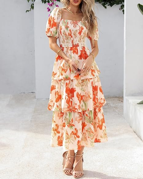 ⏰Summer Hot Sale 50% OFF💃Women's Floral Square Neck Puff Short Sleeve Smocked Tiered Dress