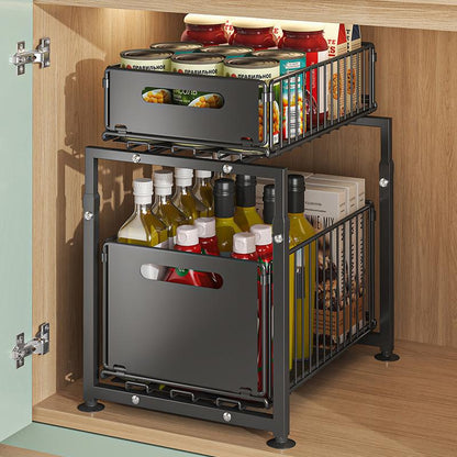 ⏳Time-Limited Special⏰Double-Tier Pull-Out Shelf Cabinet Organiser – 5 Height Adjustments, 2 Pull-Out Tiers, Carbon Steel & Large Capacity – No Assembly Required ✨