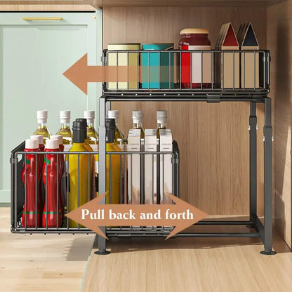 ⏳Time-Limited Special⏰Double-Tier Pull-Out Shelf Cabinet Organiser – 5 Height Adjustments, 2 Pull-Out Tiers, Carbon Steel & Large Capacity – No Assembly Required ✨