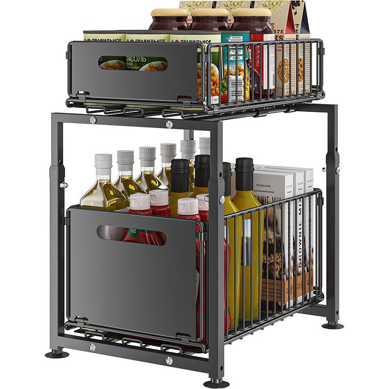 ⏳Time-Limited Special⏰Double-Tier Pull-Out Shelf Cabinet Organiser – 5 Height Adjustments, 2 Pull-Out Tiers, Carbon Steel & Large Capacity – No Assembly Required ✨