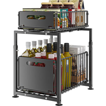 ⏳Time-Limited Special⏰Double-Tier Pull-Out Shelf Cabinet Organiser – 5 Height Adjustments, 2 Pull-Out Tiers, Carbon Steel & Large Capacity – No Assembly Required ✨