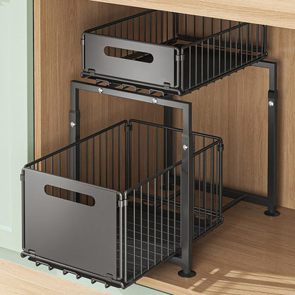 ⏳Time-Limited Special⏰Double-Tier Pull-Out Shelf Cabinet Organiser – 5 Height Adjustments, 2 Pull-Out Tiers, Carbon Steel & Large Capacity – No Assembly Required ✨