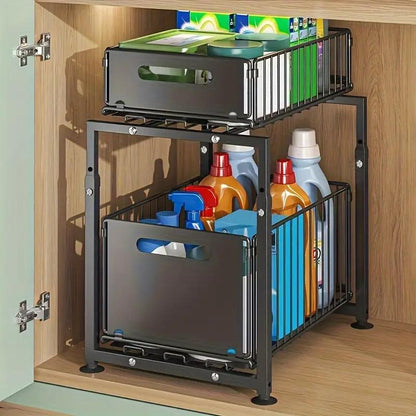 ⏳Time-Limited Special⏰Double-Tier Pull-Out Shelf Cabinet Organiser – 5 Height Adjustments, 2 Pull-Out Tiers, Carbon Steel & Large Capacity – No Assembly Required ✨