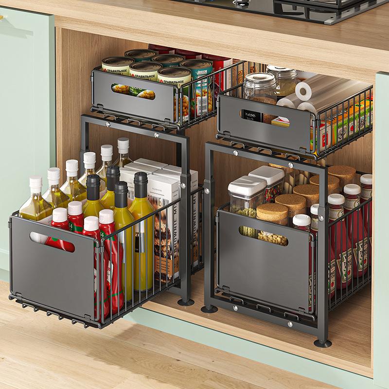 ⏳Time-Limited Special⏰Double-Tier Pull-Out Shelf Cabinet Organiser – 5 Height Adjustments, 2 Pull-Out Tiers, Carbon Steel & Large Capacity – No Assembly Required ✨