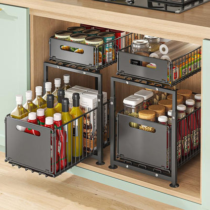 ⏳Time-Limited Special⏰Double-Tier Pull-Out Shelf Cabinet Organiser – 5 Height Adjustments, 2 Pull-Out Tiers, Carbon Steel & Large Capacity – No Assembly Required ✨