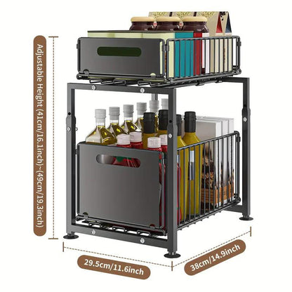 ⏳Time-Limited Special⏰Double-Tier Pull-Out Shelf Cabinet Organiser – 5 Height Adjustments, 2 Pull-Out Tiers, Carbon Steel & Large Capacity – No Assembly Required ✨