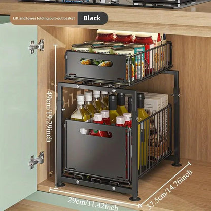 ⏳Time-Limited Special⏰Double-Tier Pull-Out Shelf Cabinet Organiser – 5 Height Adjustments, 2 Pull-Out Tiers, Carbon Steel & Large Capacity – No Assembly Required ✨