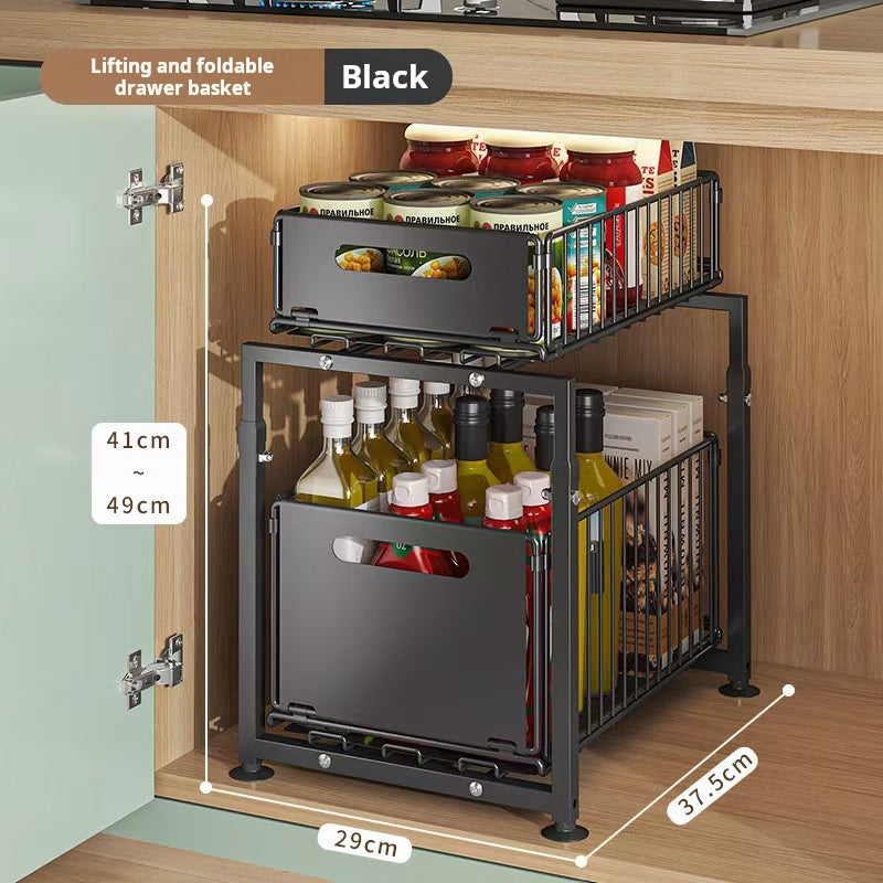 ⏳Time-Limited Special⏰Double-Tier Pull-Out Shelf Cabinet Organiser – 5 Height Adjustments, 2 Pull-Out Tiers, Carbon Steel & Large Capacity – No Assembly Required ✨