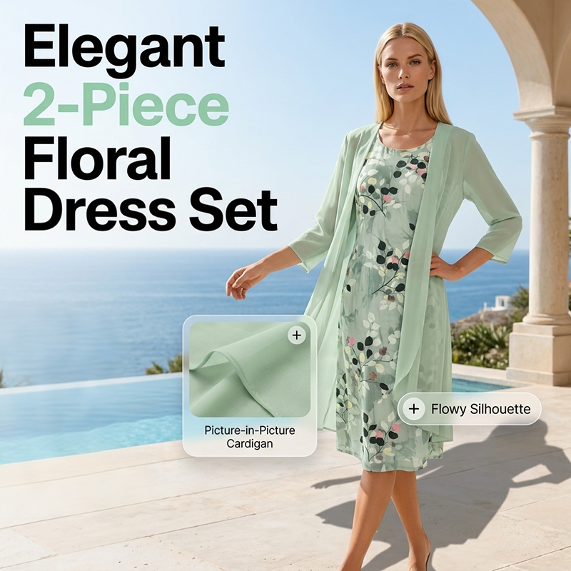 🏆LAST DAY SALE 50% OFF🔥Women's Elegant Chiffon Dress & Cardigan 2-Piece Set