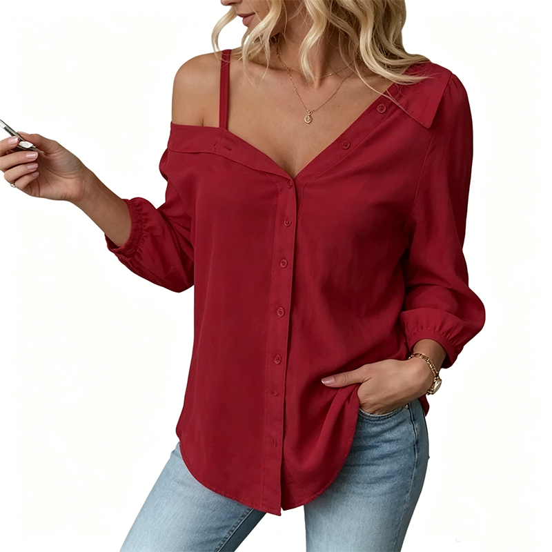 👚 Off-Shoulder Button-Down – Asymmetrical Allure ✨