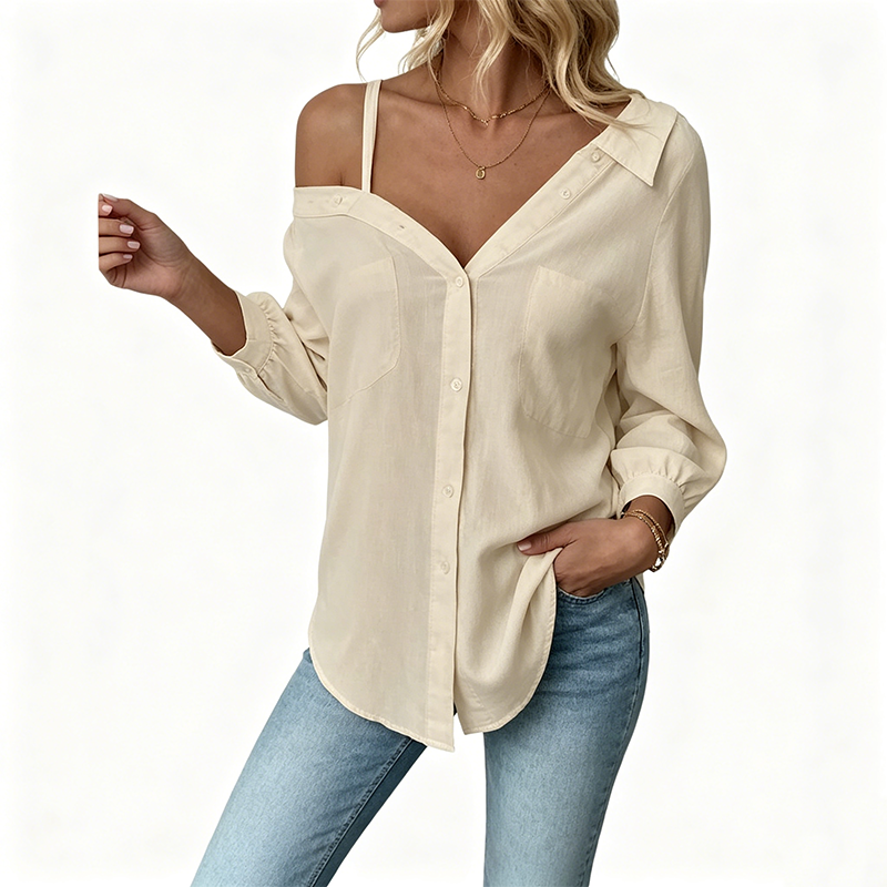 👚 Off-Shoulder Button-Down – Asymmetrical Allure ✨