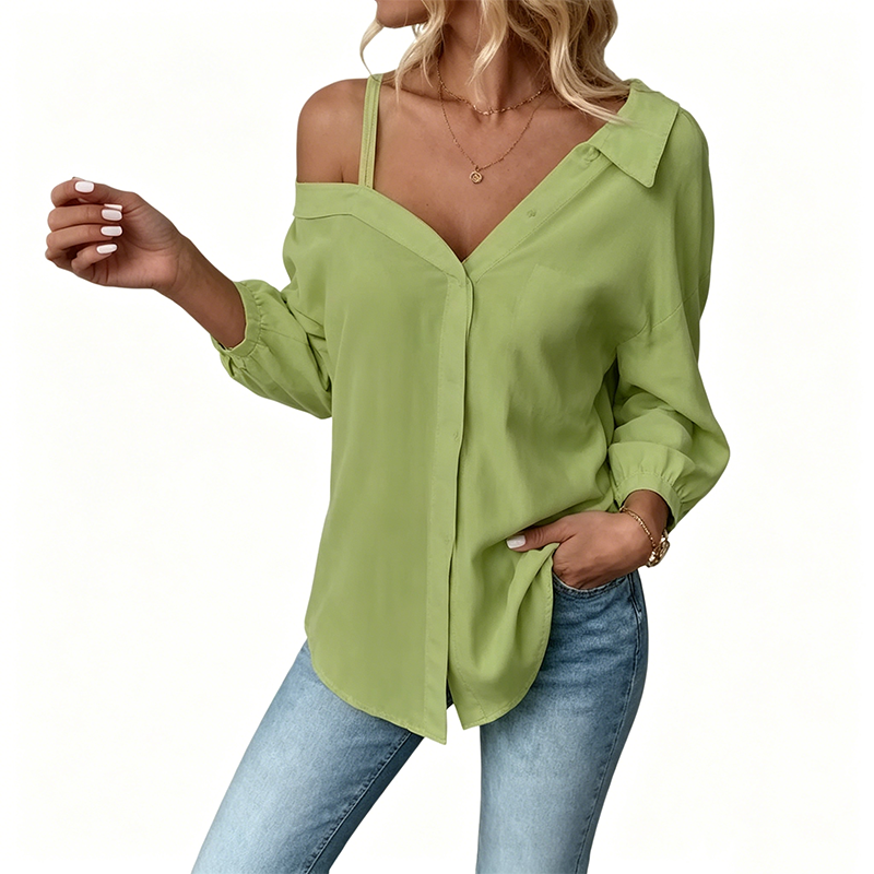 👚 Off-Shoulder Button-Down – Asymmetrical Allure ✨