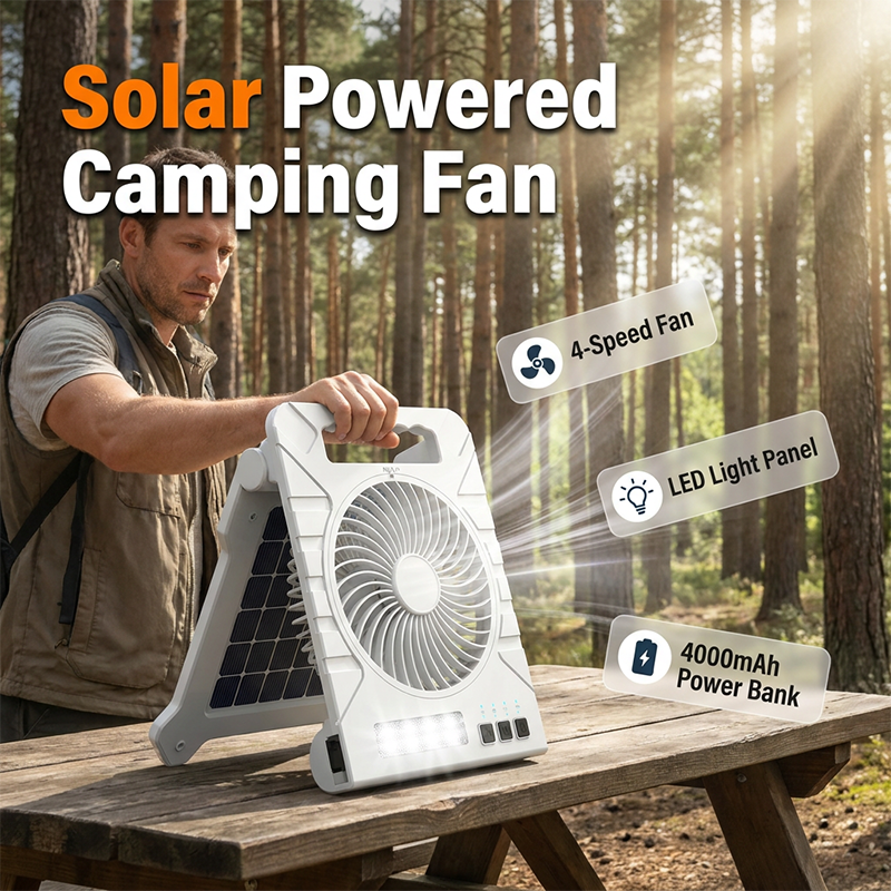 ✨ Solar-Powered Outdoor Fan – Rechargeable, Ultra-Quiet, with LED Light 💡