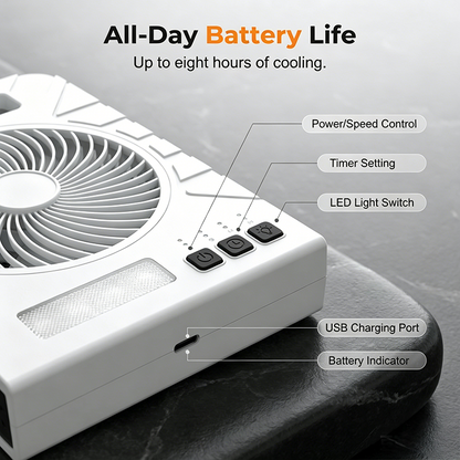 ✨ Solar-Powered Outdoor Fan – Rechargeable, Ultra-Quiet, with LED Light 💡