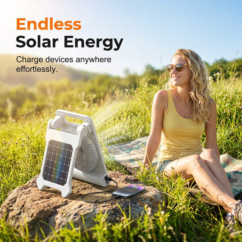 ✨ Solar-Powered Outdoor Fan – Rechargeable, Ultra-Quiet, with LED Light 💡