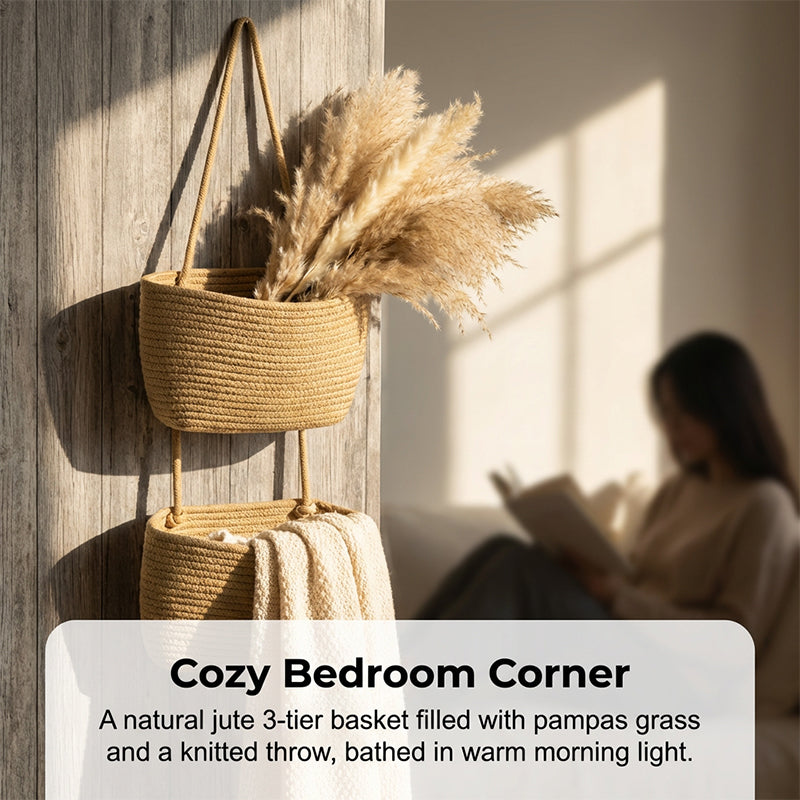 🧺 Wall-Hanging Storage Organizer – 3-Tier, Boho Style, Space-Saving 🏡