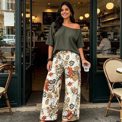 Women's Off-Shoulder Top & Printed Pants 2-Piece Set
