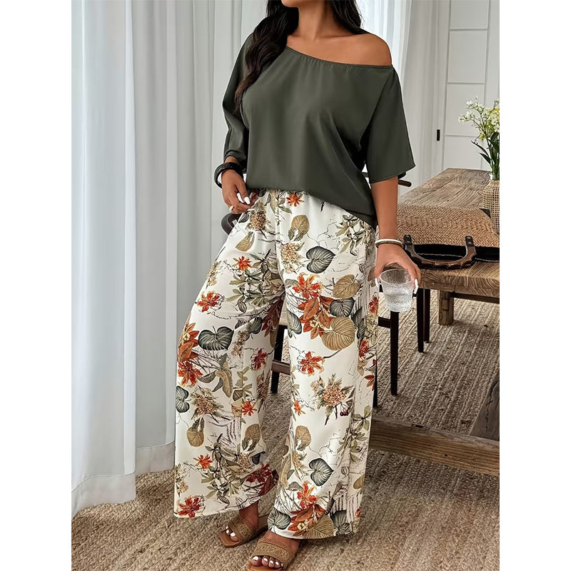 Women's Off-Shoulder Top & Printed Pants 2-Piece Set