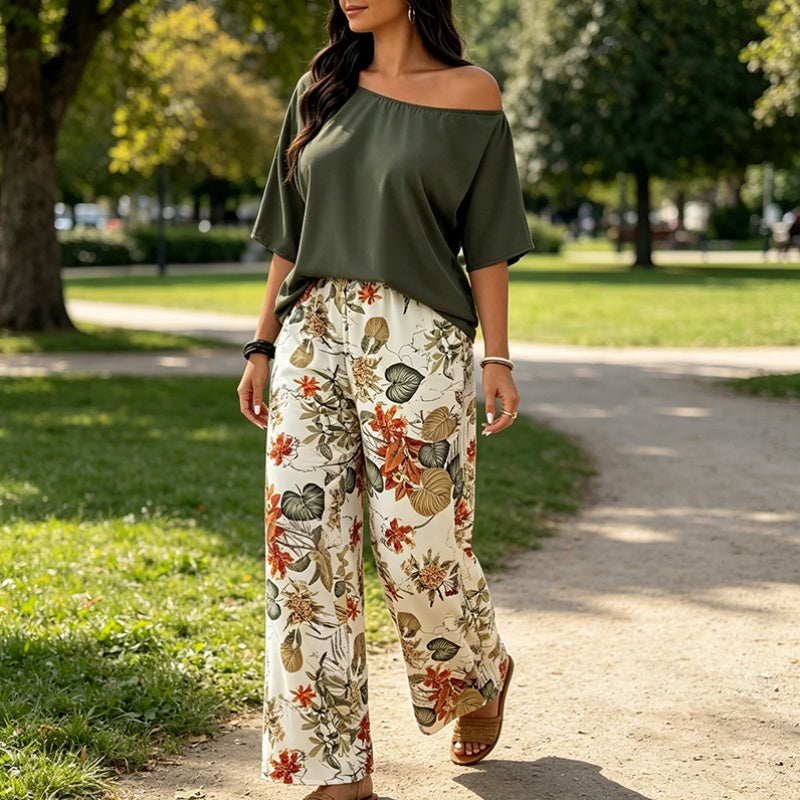 Women's Off-Shoulder Top & Printed Pants 2-Piece Set