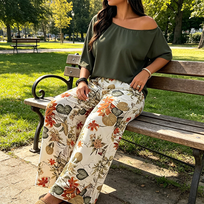 Women's Off-Shoulder Top & Printed Pants 2-Piece Set