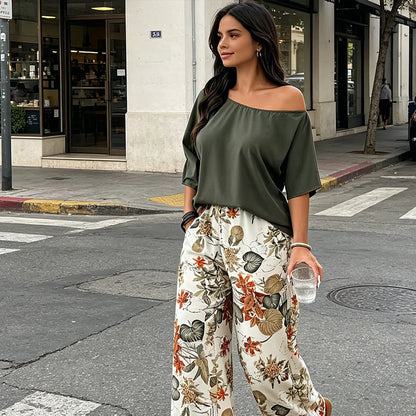 Women's Off-Shoulder Top & Printed Pants 2-Piece Set