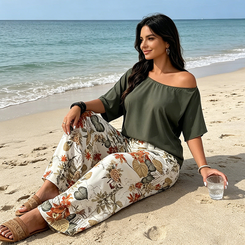 Women's Off-Shoulder Top & Printed Pants 2-Piece Set