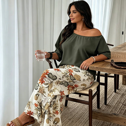 Women's Off-Shoulder Top & Printed Pants 2-Piece Set