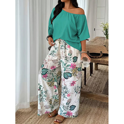 Women's Off-Shoulder Top & Printed Pants 2-Piece Set