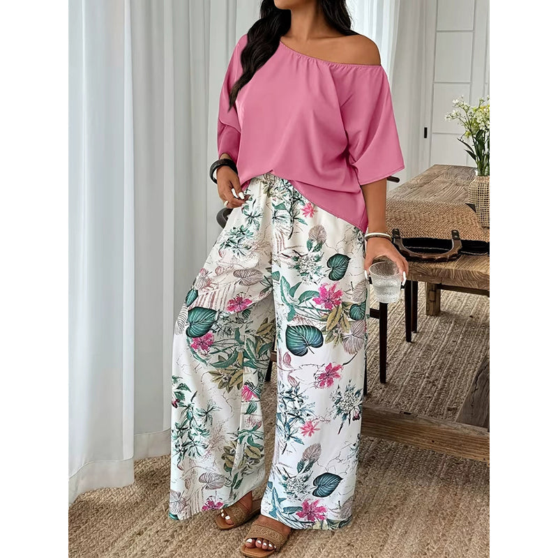 Women's Off-Shoulder Top & Printed Pants 2-Piece Set