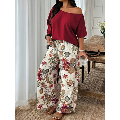 Women's Off-Shoulder Top & Printed Pants 2-Piece Set
