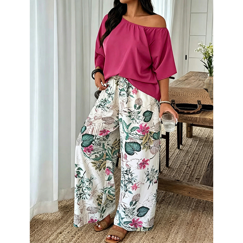 Women's Off-Shoulder Top & Printed Pants 2-Piece Set