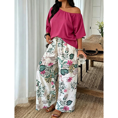 Women's Off-Shoulder Top & Printed Pants 2-Piece Set
