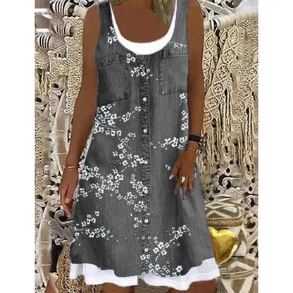 Women's Faux Two-Piece Denim Print Dress