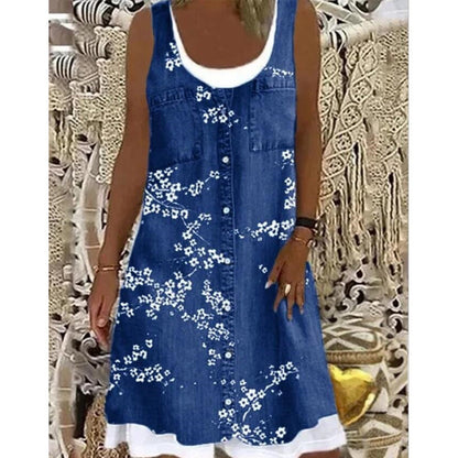 Women's Faux Two-Piece Denim Print Dress