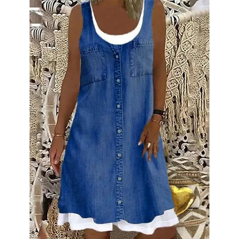 Women's Faux Two-Piece Denim Print Dress