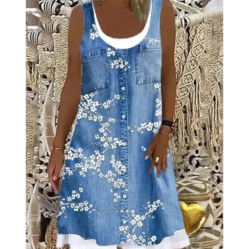 Women's Faux Two-Piece Denim Print Dress