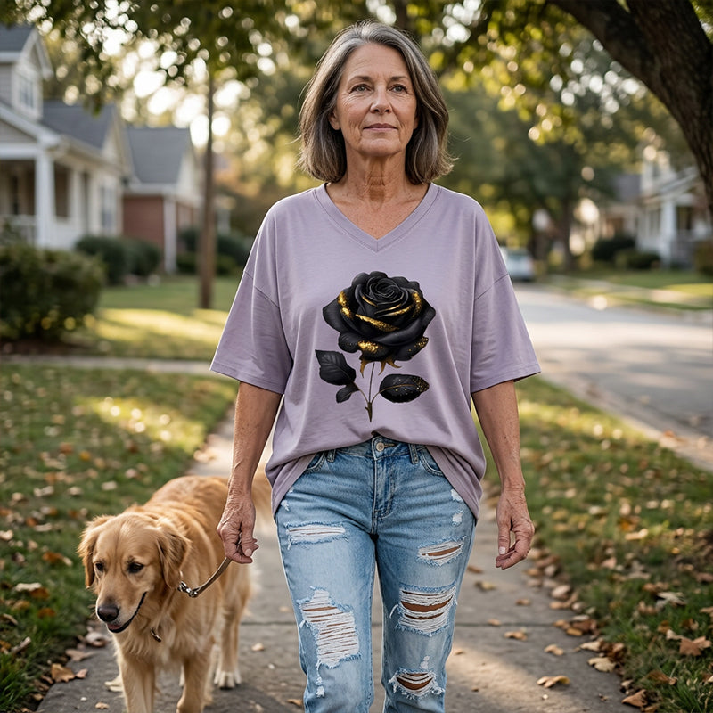 Women's Plus-Size Rose Print V-Neck T-Shirt