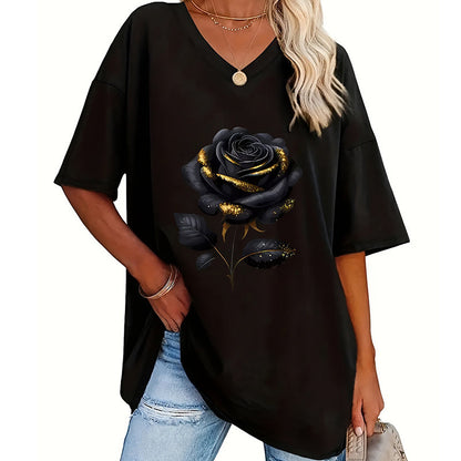 Women's Plus-Size Rose Print V-Neck T-Shirt