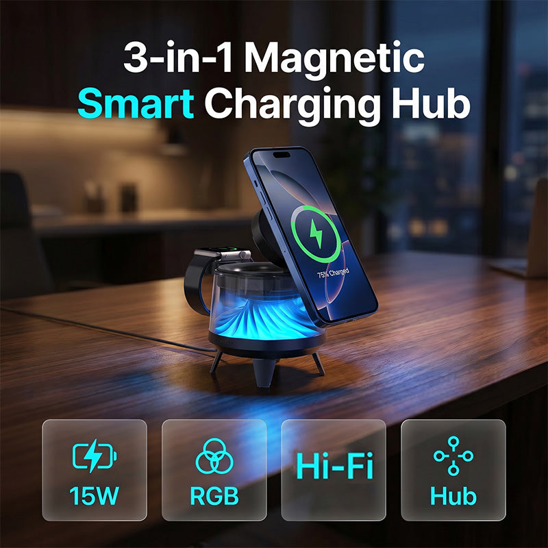 3-in-1 Magnetic Wireless Charger with Bluetooth Speaker and Atmosphere Light