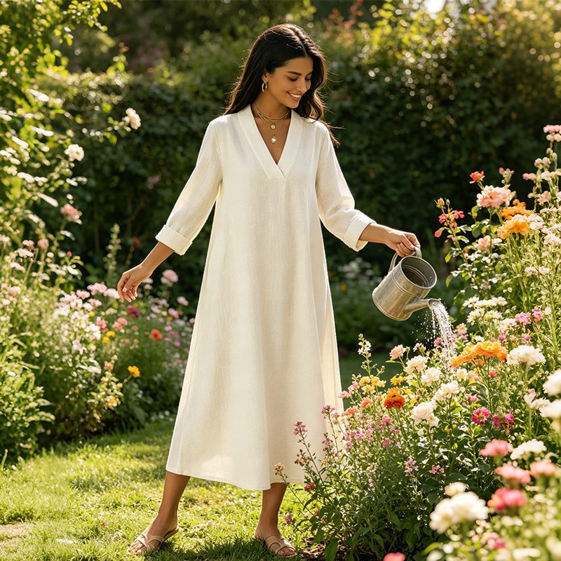 🔥New Arrivals Now on Sale-Women’s V-Neck Cotton Linen A Line Dress