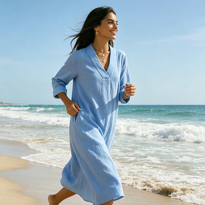🔥New Arrivals Now on Sale-Women’s V-Neck Cotton Linen A Line Dress