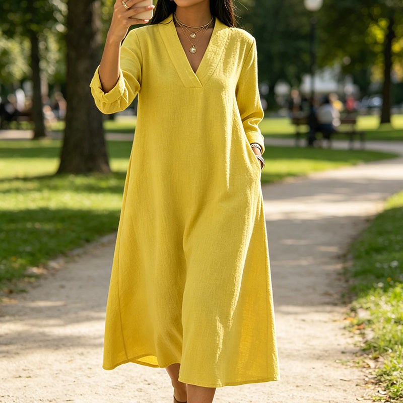 🔥New Arrivals Now on Sale-Women’s V-Neck Cotton Linen A Line Dress